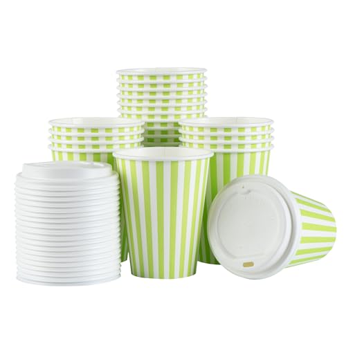 Single Wall Green & White Stripe 12 oz Disposable Coffee Cups with Lids, 20 Pack - Restaurantware
