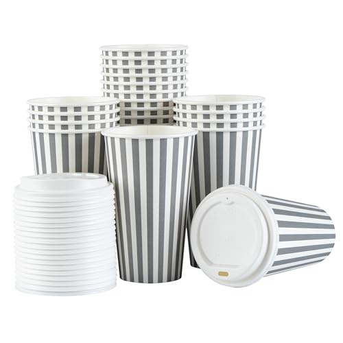 Disposable Gray & White Stripe Coffee Cups, 16 Oz, 400/Case - With Lids, Sleeves Sold Separately