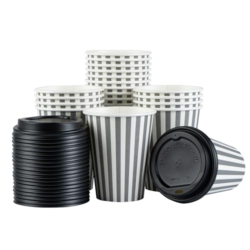 20 Gray and White Stripe Disposable Coffee Cups, 12 Ounce with Lids - Sleeves Sold Separately