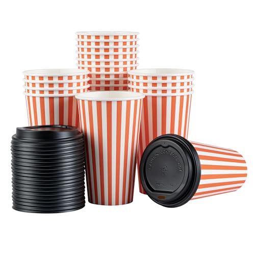 Disposable Orange & White Stripe 16 Oz Coffee Cups with Lids - 20 Hot Cups