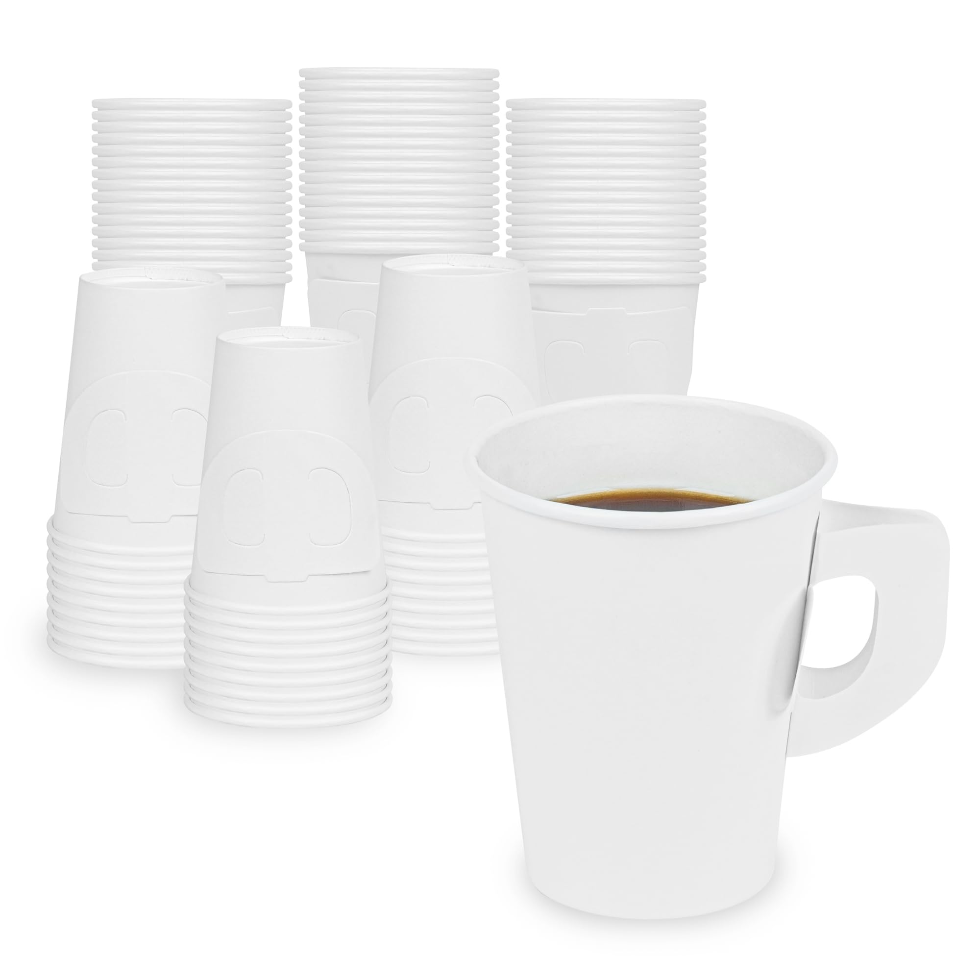 100 Disposable Coffee Cups for Hot and Cold Beverages - Restaurantware, 9oz with Handle (target audience: coffee drinkers, those in need of disposable cups)