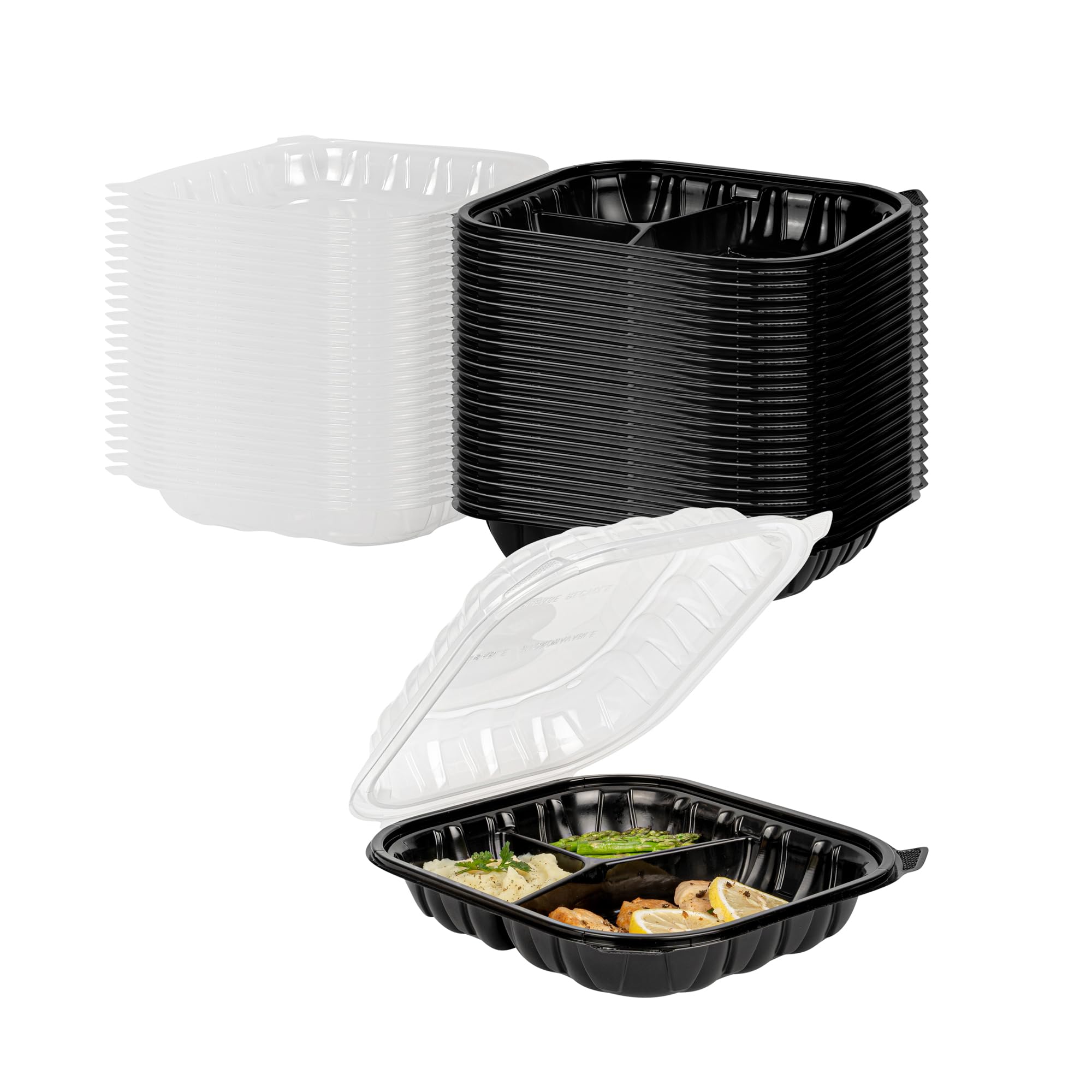 Thermo Tek 54oz Black 3 Compartment Take Out Containers, Ventilated Lids, Microwavable