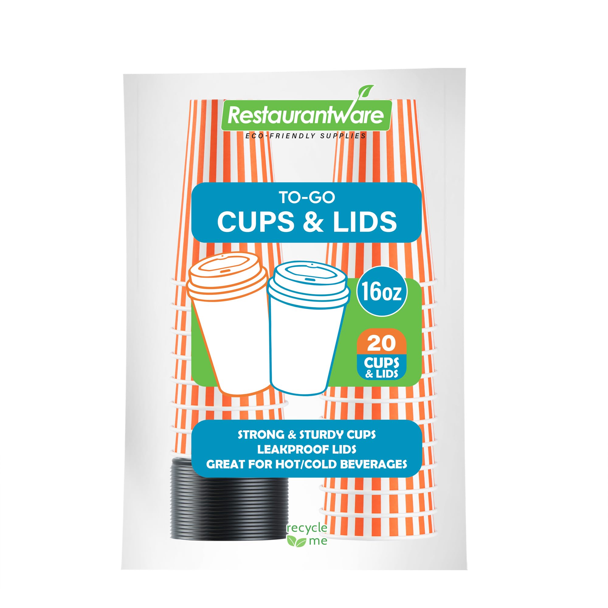 Disposable Orange & White Stripe 16 Oz Coffee Cups with Lids - 20 Hot Cups