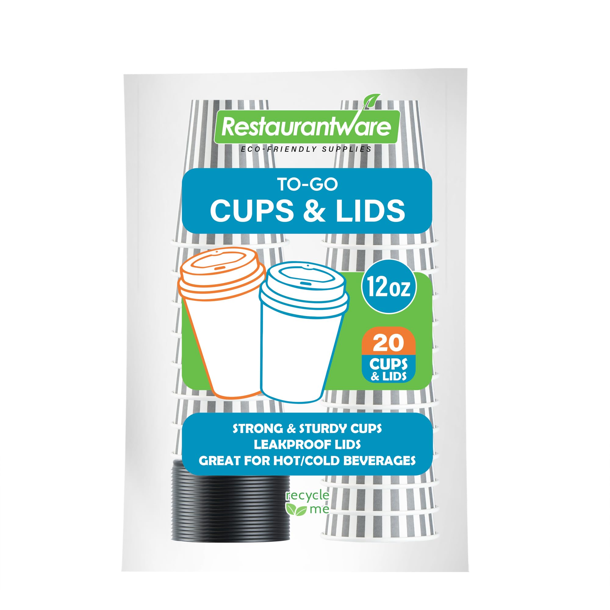20 Gray and White Stripe Disposable Coffee Cups, 12 Ounce with Lids - Sleeves Sold Separately